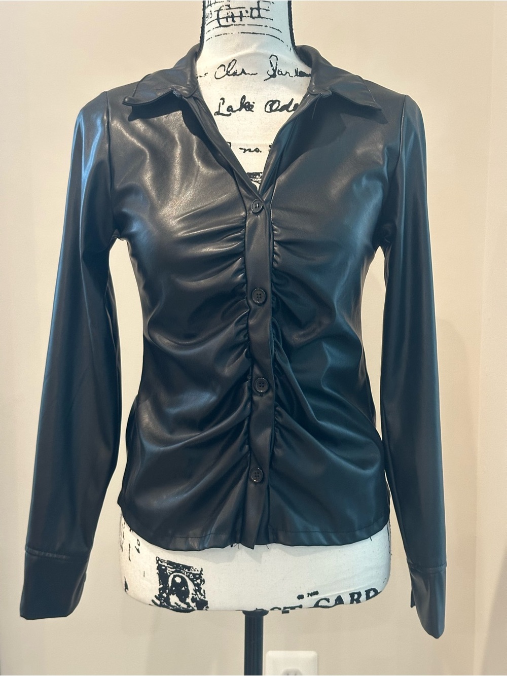 Ruched Faux Leather Button-Up Blouse - FITS LIKE A SMALL